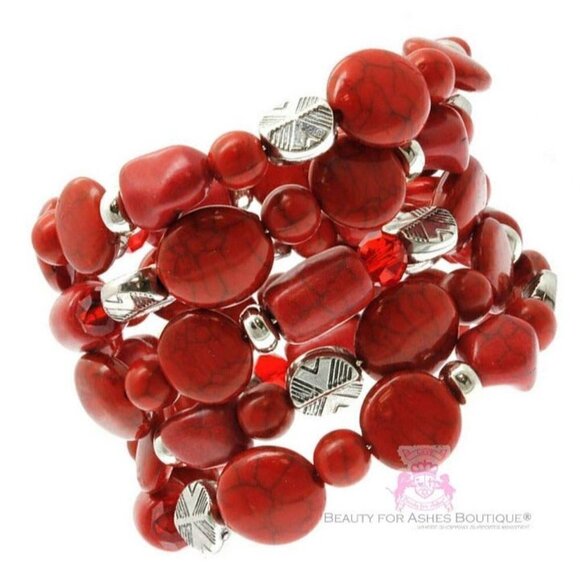 Rustic Adjustable Chunky Firecracker Faux Coral Stone Red Silver Coil Bracelet - Picture 1 of 4